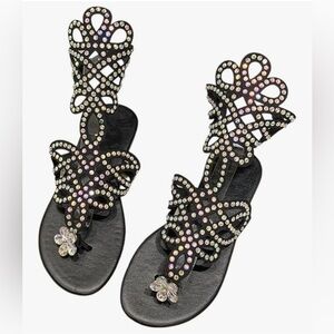 Women’s Rhinestone T-Strap Sandals Black Sparkly Flats Wedding Party Size 10